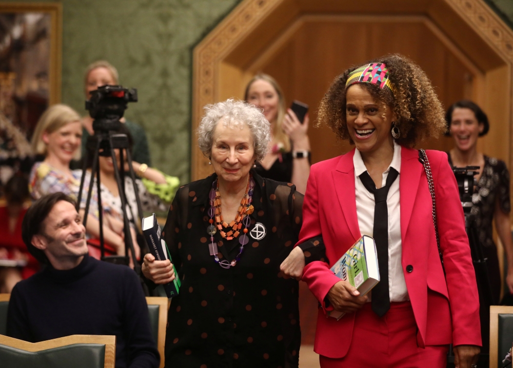Margaret Atwood and Bernardine Evaristo jointly win the Booker Prize for Fiction 2019 at the Guildhall in London, Britain October 14, 2019. REUTERS/Simon Dawson