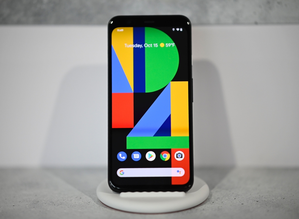 The new Google Pixel 4 phone is displayed during a Google product launch event called 'Made by Google 19' in New York City on October 15, 2019.  AFP / Johannes Eisele
