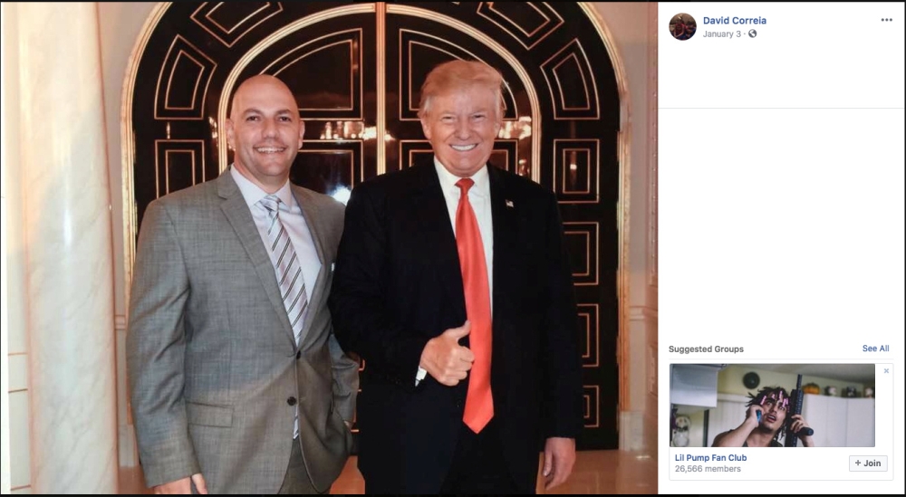 US businessman David Correia appears to pose with President Donald Trump in an undated screen capture from Correia's social media account made by investigators and provided to Reuters after Correia's arrest on federal campaign finance violation charges in