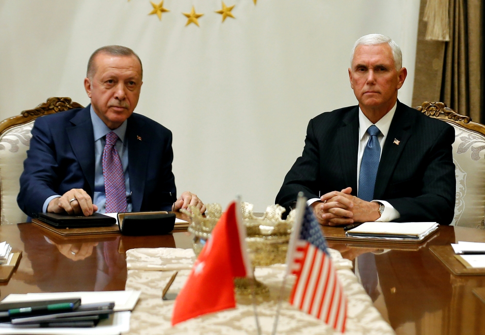 U.S. Vice President Mike Pence meets with Turkish President Tayyip Erdogan at the Presidential Palace in Ankara, Turkey, October 17, 2019. REUTERS/Huseyin Aldemir