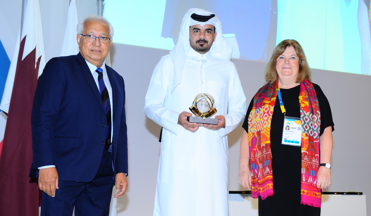 H E Sheikh Joaan posing for a photograph with ANOC Secretary-General Gunilla Lindberg and Senior Vice-President Robin Mitchel.  PICTURES: Anvar Sadath