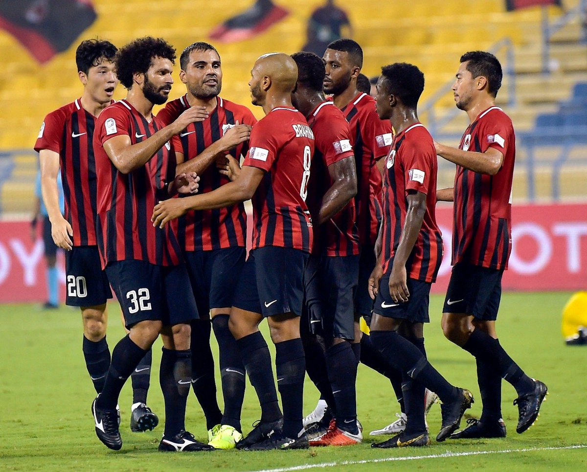 Al Rayyan’s players celebrate a goal against Qatar SC yesterday.  