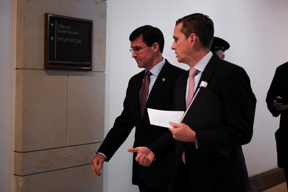 US Defense Secretary Mark Esper departs the US Capitol after testifying at a closed-door hearing before the Senate Armed Services Committee on Capitol Hill, in Washington, US, October 17, 2019. REUTERS/Tom Brenner