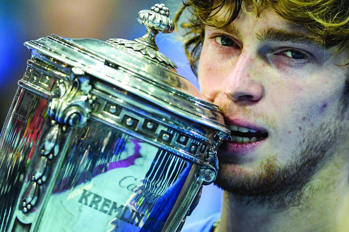 Russia's Andrey Rublev celebrates with his trophy after winning the Kremlin Cup tennis tournament men's single final match against France's Adrian Mannarino, in Moscow, on October 20, 2019. AFP / Kirill Kudryavtsev