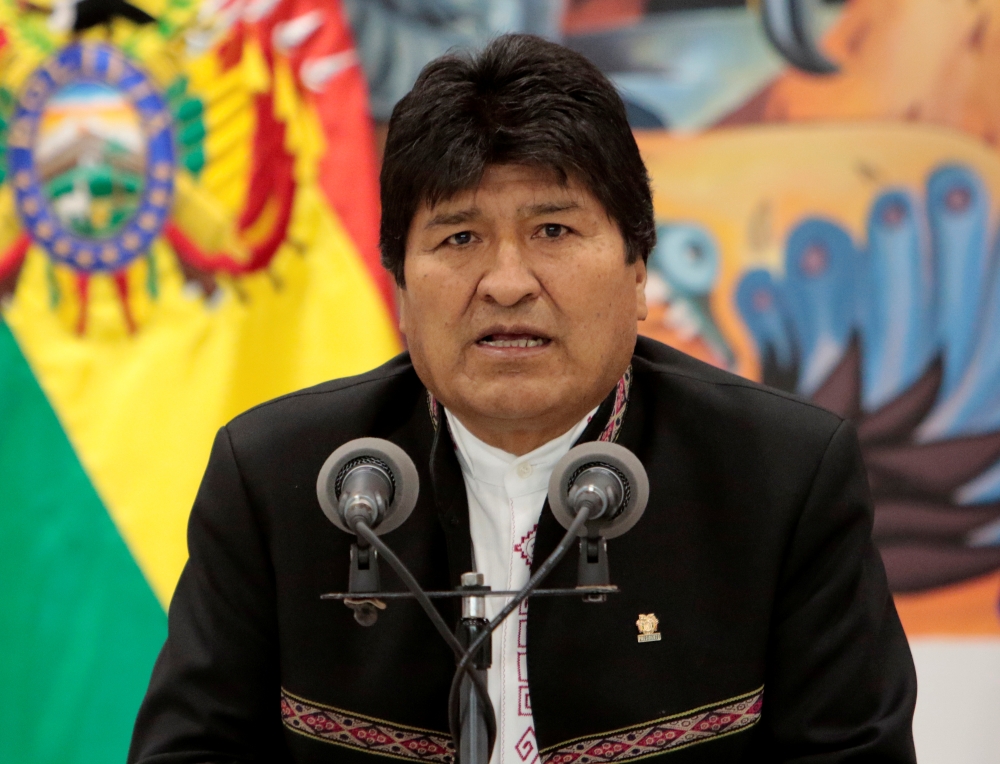 President Evo Morales speaks during a news conference at the presidential palace La Casa Grande del Pueblo in La Paz, Bolivia, October 23, 2019. Reuters/Manuel Claure