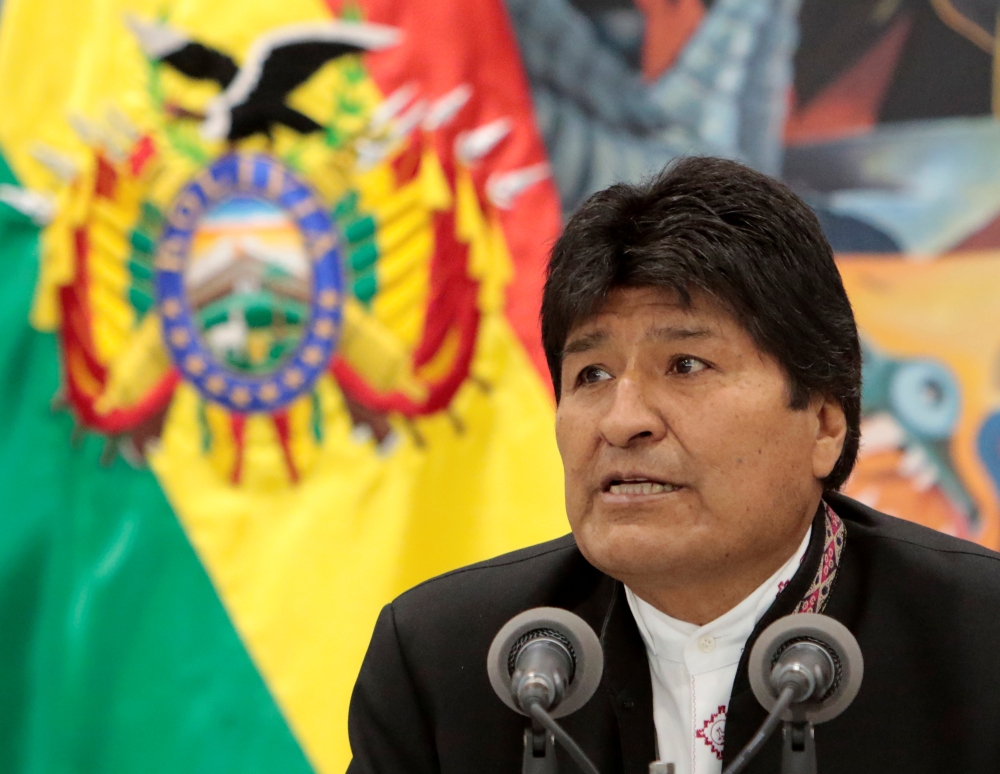Bolivia's President Evo Morales speaks during a news conference at the presidential palace La Casa Grande del Pueblo in La Paz, Bolivia, October 23, 2019. REUTERS/Manuel Claure NO RESALES. NO ARCHIVES
