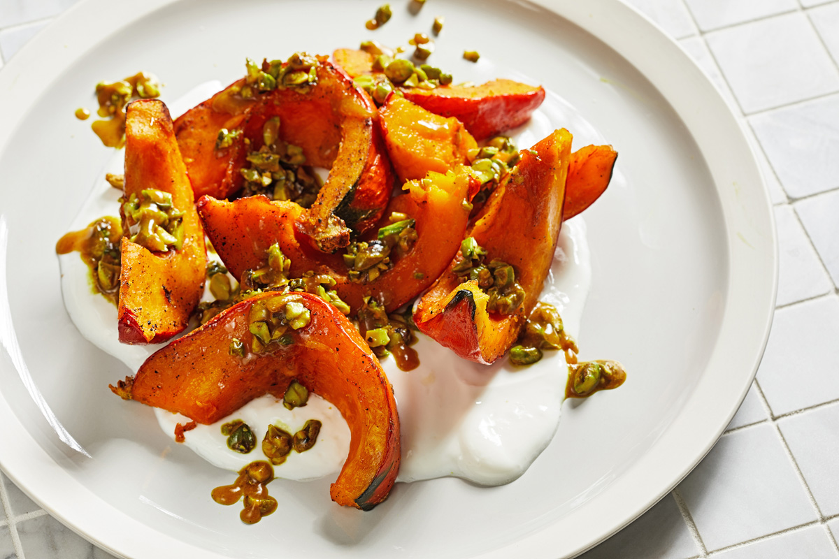 Roasted Squash With Yogurt and Spiced, Buttered Pistachios.  Photo by Tom McCorkle for The Washington Post.
