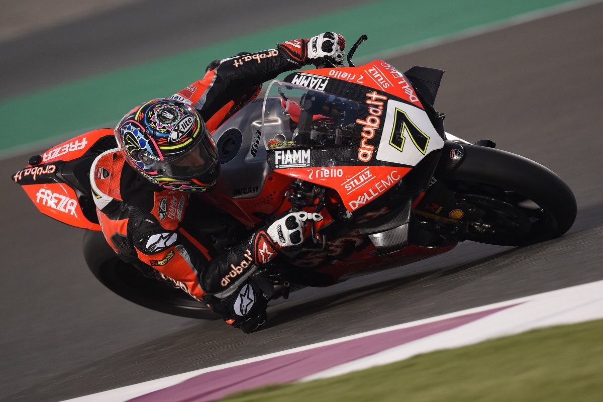 British rider Chaz Davies in action during the second free practice session at the final round of the 2019 MOTUL FIM Superbike World Championship at Losail International Circuit, yesterday.