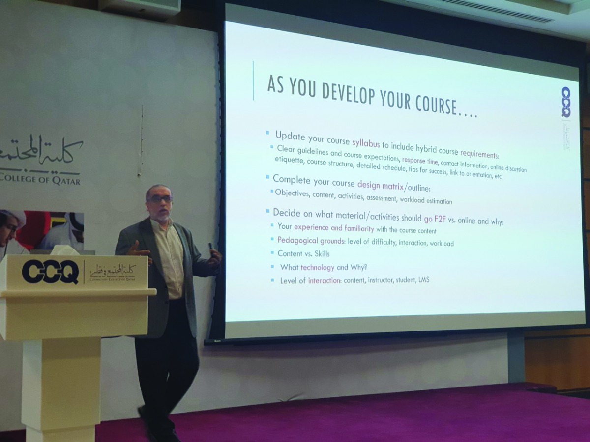 The workshop on hybrid learning in progress at the Community College of Qatar. 