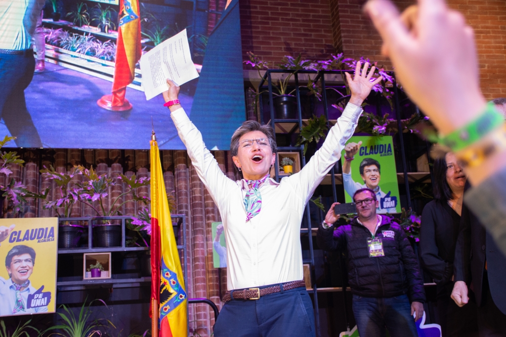 BOGOTA, COLOMBIA - OCTOBER 27: Claudia Lopez, new Mayor of Bogota, greets her supporters after she won the election against her main contender Carlos Fernando Galan (not seen) in Bogota, Colombia on October 27, 2019.