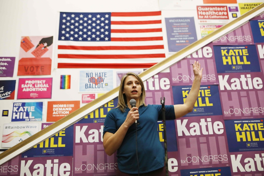 In this file photo taken on November 5, 2018 Democratic Congressional candidate Katie Hill speaks to supporters at a canvass launch in California's 25th Congressional district in Stevenson Ranch, California. / AFP / GETTY IMAGES NORTH AMERICA / MARIO TAMA
