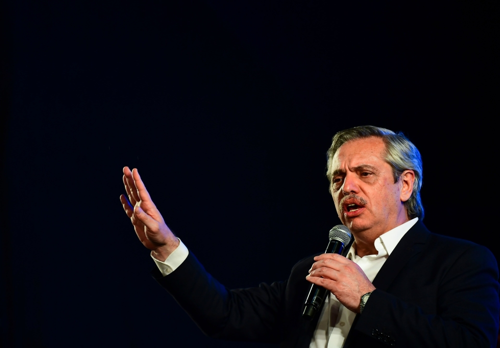 President elect of Argentina Alberto Fernandez delivers a speech to supporters at the party's headquarters in Buenos Aires on October 27, 2019.  AFP / Ronaldo Schemidt 