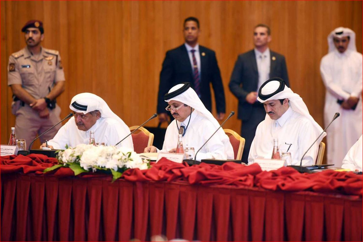 Sheikh Faisal bin Qassim Al Thani (left), Chairman of the Qatari Businessmen  Association;  Sheikh  Khalifa  bin  Jassim  Al  Thani  (centre), Chairman  Qatar Chamber; Ahmed bin Mohammed Al Sayed, Minister of State and Chairman of Qatar Free Zones Authori