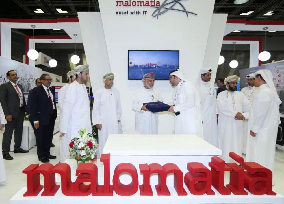Yousef Al Naama (fourth right), CEO of malomatia, with Oman ICT Group CEO Eng Said bin Abdullah Al Manthri (fifth right) during the MoU signing ceremony at QITCOM yesterday. 