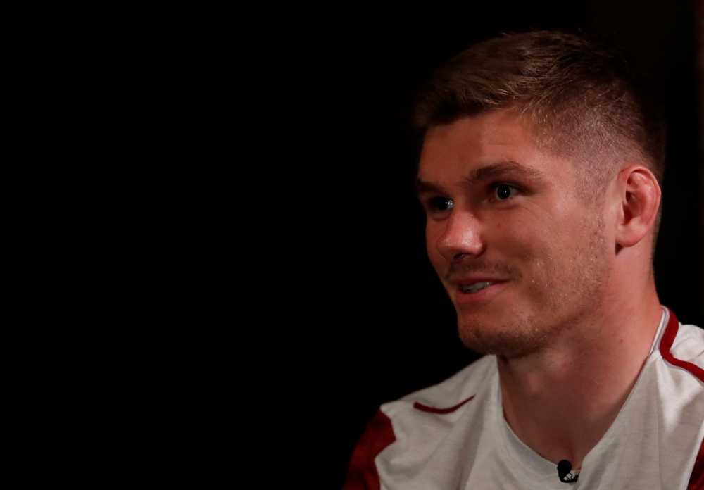 Rugby Union - Rugby World Cup - England Team Announcement - Keio Plaza Hotel, Tokyo, Japan, October 31, 2019 - England's Owen Farrell conducts a media interview after the press conference. REUTERS
