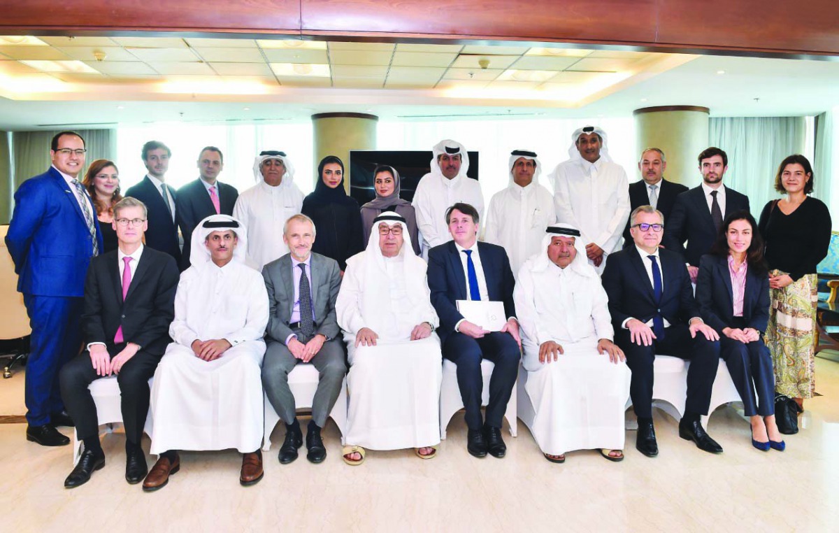 Sheikh Faisal bin Qassim Al Thani (foreground, third right), QBA Chairman; Hussein Al Fardan (foreground, fourth left), QBA First Deputy;  Sheikh Dr. Khalid bin Thani Al Thani (foreground, second left), QBA Second Deputy; and other officials during the ev