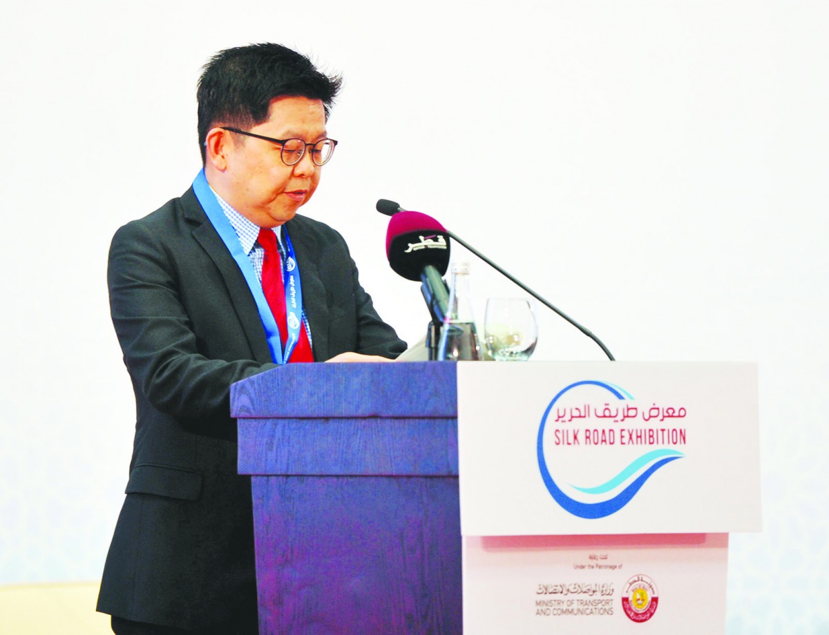 Lim Meng Hui, CEO of Qatar Free Zones Authority, giving a speech during the opening day of the ‘Silk Road Exhibition & One Belt One Road Conference’, organized by Dar Al Sharq, at DECC, yesterday.  Pic: Abdul Basit/The Peninsula