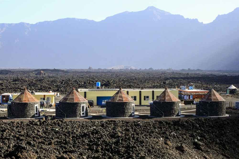 Marisas hotel made with cement and lava on the roof of the owners' former house in the village of Portelo in Cha das Caldeiras valley, Cape Verde on March 30, 2019. AFP  / Anne-Sophie Faivre Le Cadre