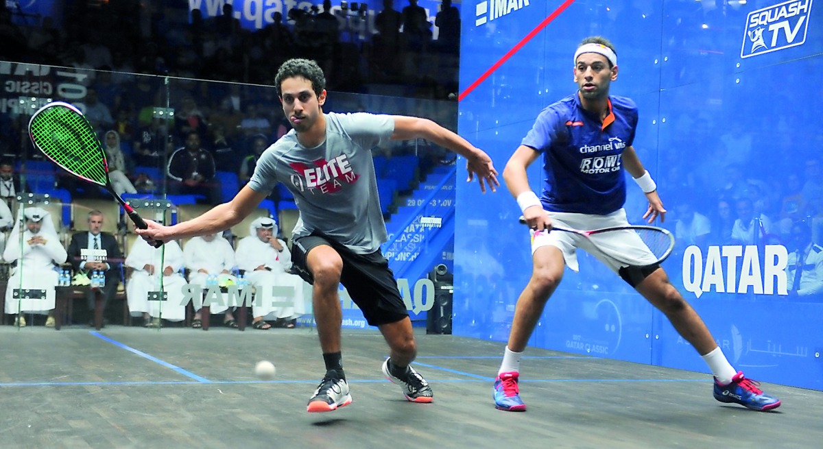Egypt’s World No.2 Mohamed El Shorbagy (right) and compatriot Tarek Momen in action at the Khalifa International Tennis and Squash Complex in this file picture.
