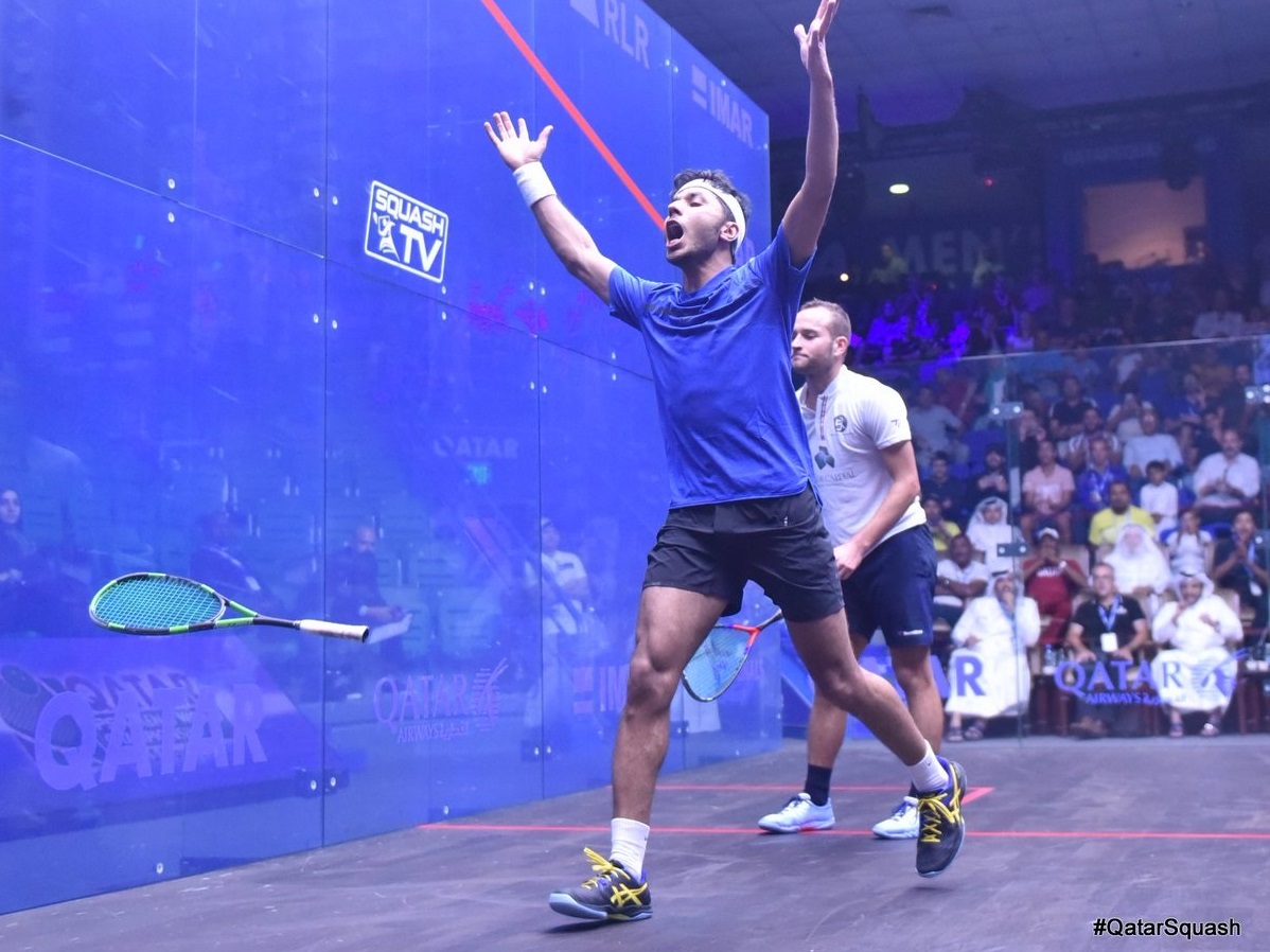 Qatar’s Abdulla Al Tamimi celebrates his win over Gregoire Marche of France at the PSA Men’s World Championshipat the Khalifa International Tennis and Squash Complex yesterday.