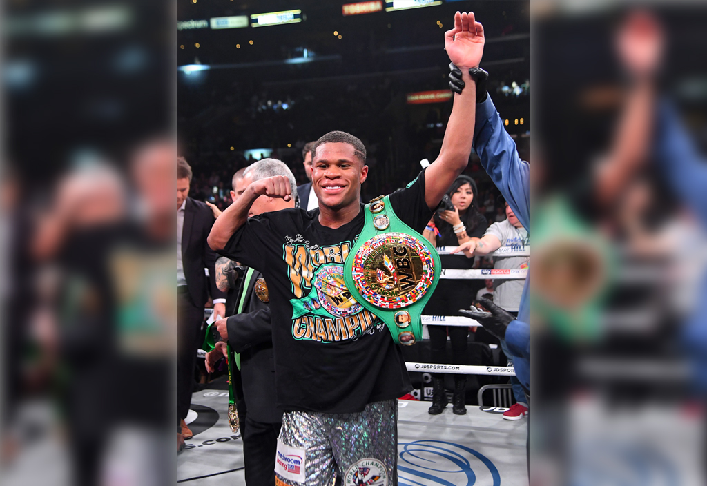 Devin Haney in the ring after defeating Alfredo Santiago-Alvarez (green shorts) in their WBC World Lightweight Championship fight at Staples Center on November 9, 2019 in Los Angeles, California. Haney won by unanimous decision. Jayne Kamin-Oncea/Getty Im