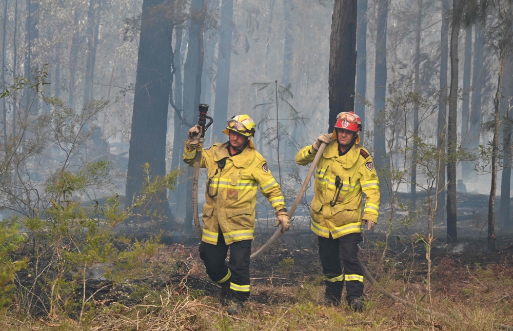 Firefighters look for spot fires in Old Bar, 350km north of Sydney on November 11, 2019. AFP / PETER PARKS
