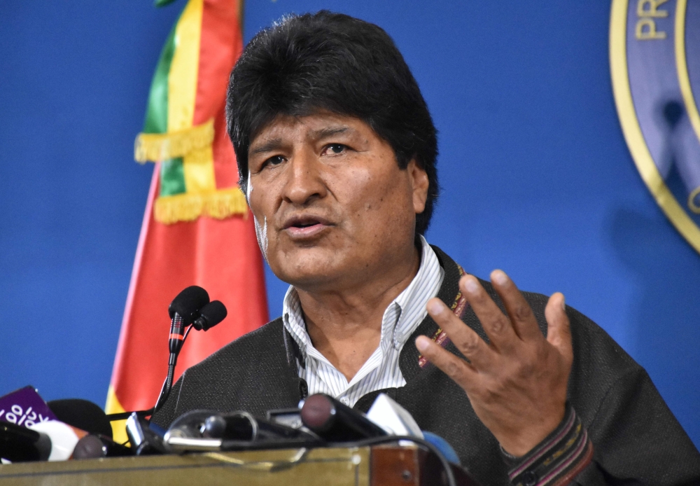 Handout photo released by the Bolivian Presidency of Bolivian President Evo Morales speaking during a press conference in El Alto, on November 9, 2019.  
