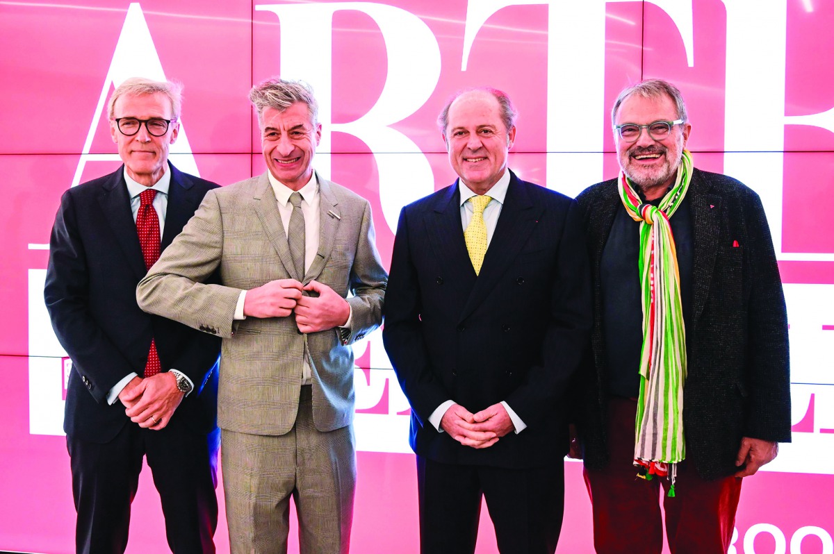 CEO Generali Germany and global sponsor Arte Generali, Giovanni Liverani, Italian artist, Maurizio Cattelan, Generali Group CEO, Philippe Donnet and Italian creative director and photographer, Oliviero Toscani pose during the launch of 
