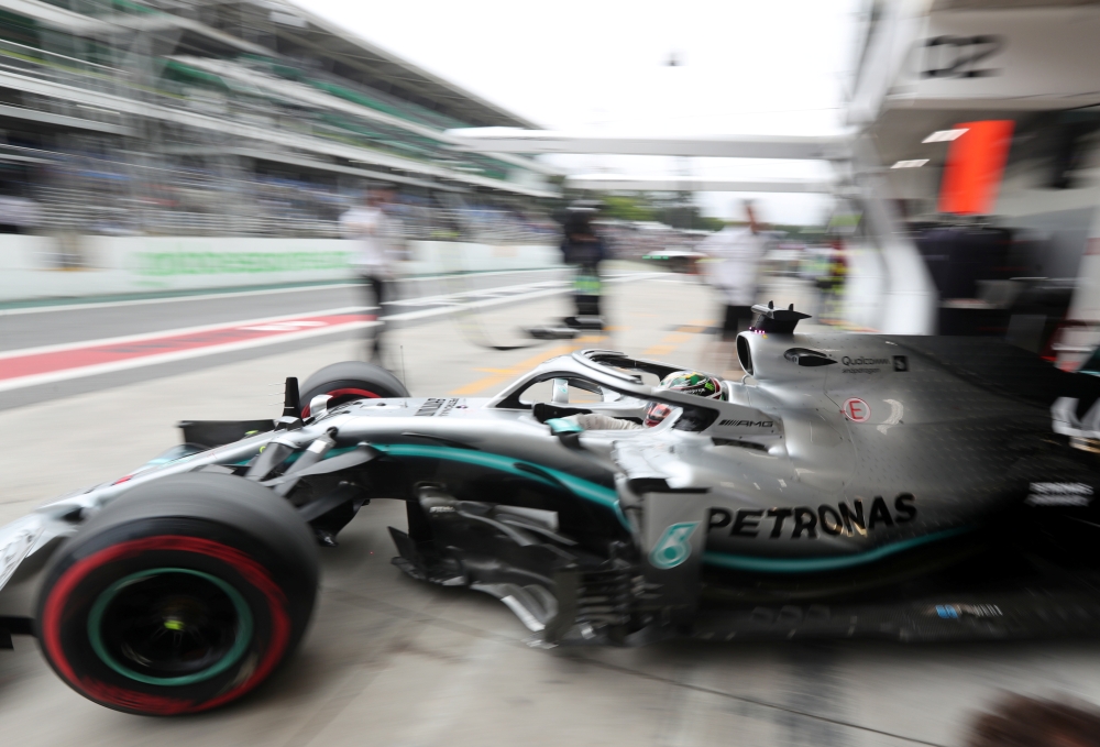 Mercedes' Lewis Hamilton in pits during practice REUTERS/Amanda Perobelli
