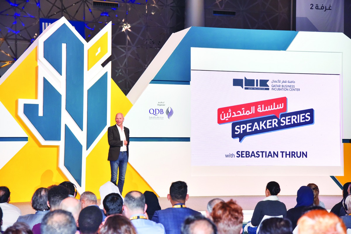 German innovator, educator and computer scientist, Sebastian Thrun speaking at QBIC’s Speaker Series during Rowad Qatar Conference in Doha recently. 