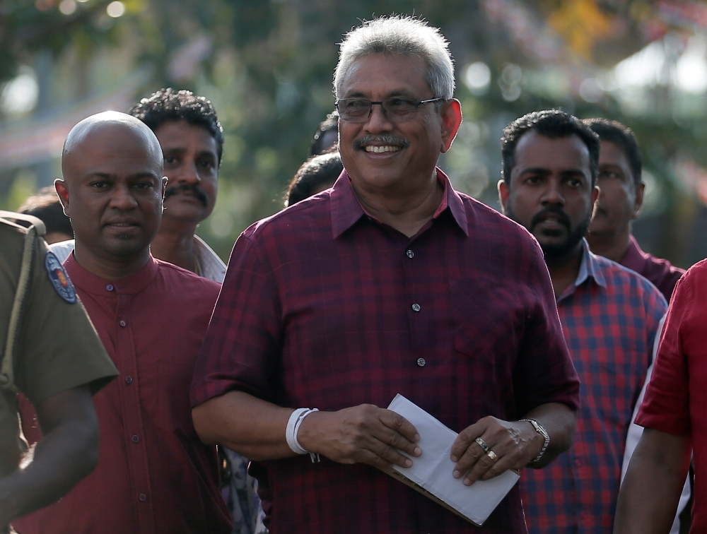 Sri Lanka People's Front party presidential election candidate and former wartime defence chief Gotabaya Rajapaksa leaves after casting his vote during the presidential election in Colombo, Sri Lanka November 16, 2019. Reuters/Dinuka Liyanawatte