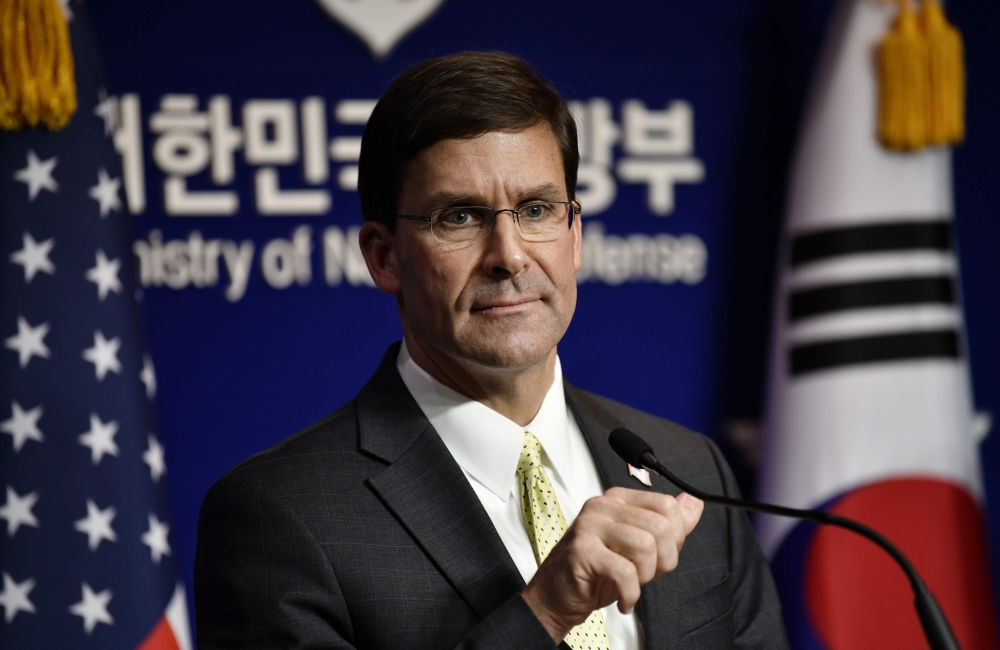 US Defense Secretary Mark Esper attends a joint press conference with South Korean Defence Minister Jeong Kyeong-doo after the 51st Security Consultative Meeting (SCM) at the Defence Ministry in Seoul on November 15, 2019. / AFP / pool / JUNG YEON-JE
