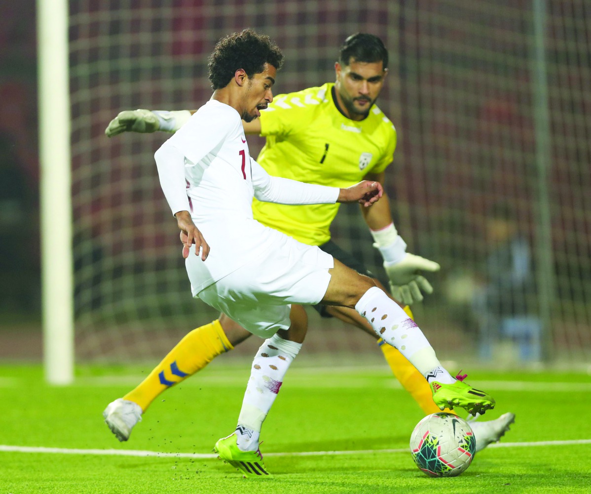 Qatar’s Akram Afif vies for the ball possession with Afghanistan goalkeeper Ovays Azizi.