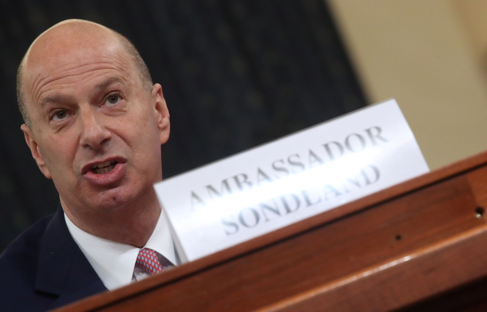 U.S. Ambassador to the European Union Gordon Sondland testifies before the U.S. House Intelligence Committee as part of the impeachment inquiry into U.S. President Donald Trump on Capitol Hill in Washington, U.S., November 20, 2019. REUTERS/Jonathan Ernst