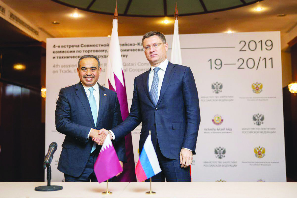 H E Ali bin Ahmed Al Kuwari (left), Minister of Commerce and Industry; and Alexander Novak, Russia’s Energy Minister, in Moscow, yesterday.