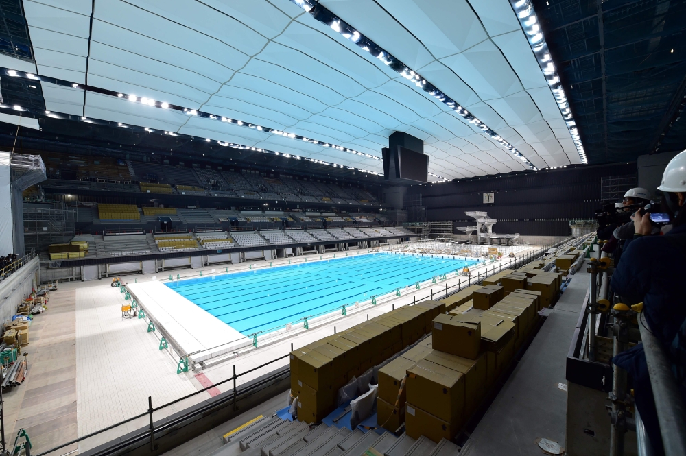 This picture shows a general view of the construction site of the Olympic Aquatics Centre, venue for the swimming competitions in the upcoming Tokyo 2020 Olympic Games, in Tokyo on November 21, 2019. Tokyo 2020 organisers on November 21 unveiled the 523 m
