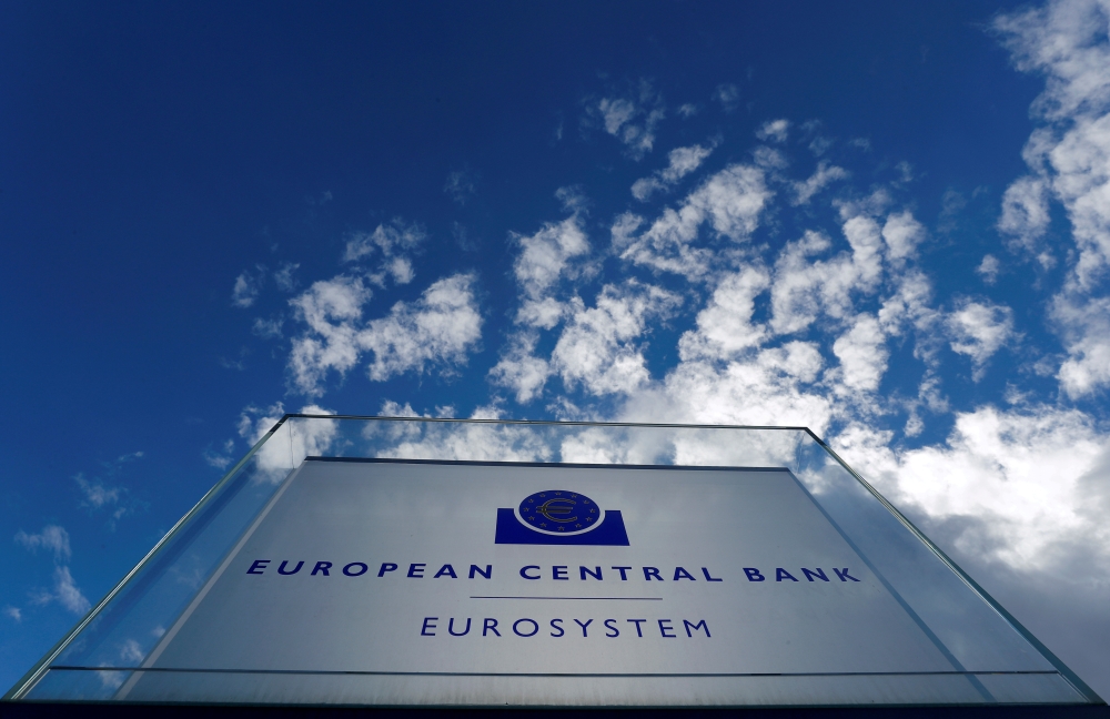 File photo of the sign of the European Central Bank (ECB) is seen ahead of a news conference on the outcome of the Governing Council meeting, outside the ECB headquarters in Frankfurt, Germany, March 7, 2019. REUTERS/Kai Pfaffenbach/File Photo
