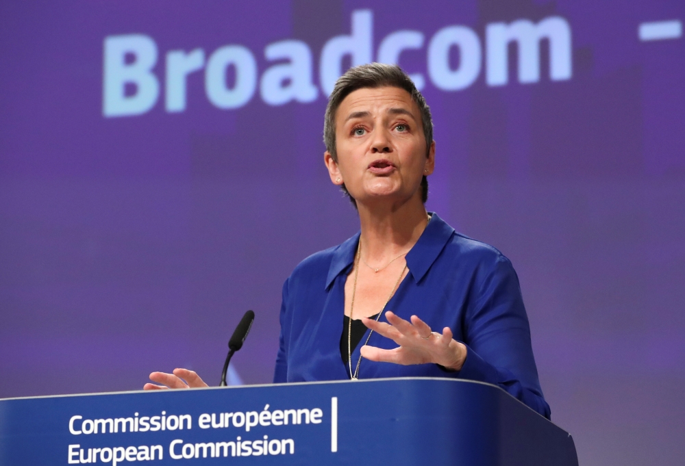 European Competition Commissioner Margrethe Vestager addresses a news conference on US chipmaker Broadcom in Brussels, October 16, 2019 Reuters / Yves Herman
