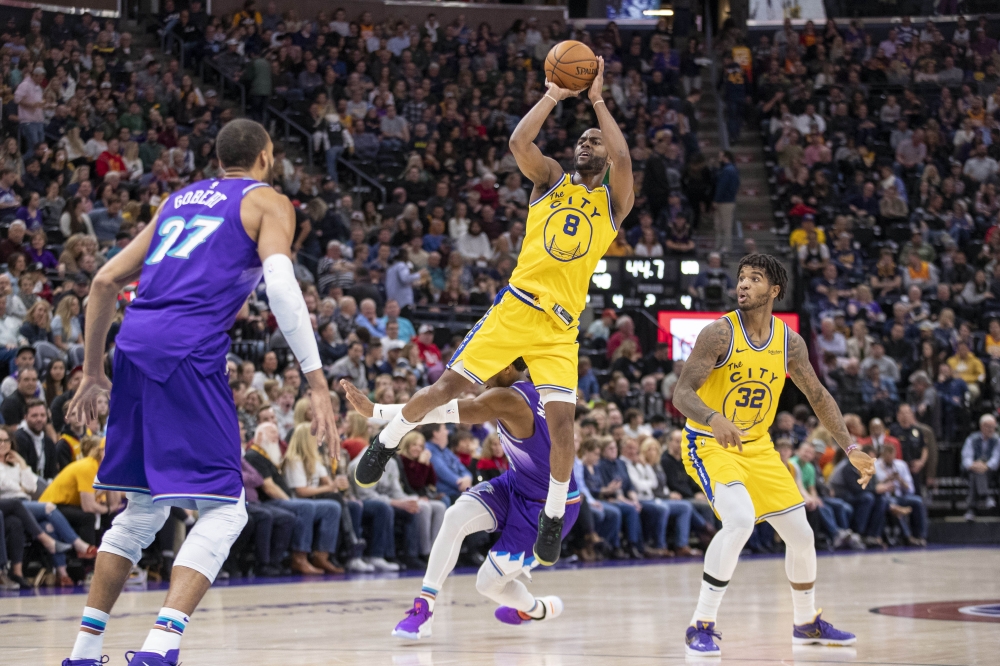 Nov 22, 2019; Salt Lake City, UT, USA; Golden State Warriors guard Alec Burks (8) shoots the ball against the Utah Jazz during the second quarter at Vivint Smart Home Arena. Mandatory Credit: Rob Gray-USA TODAY Sports 