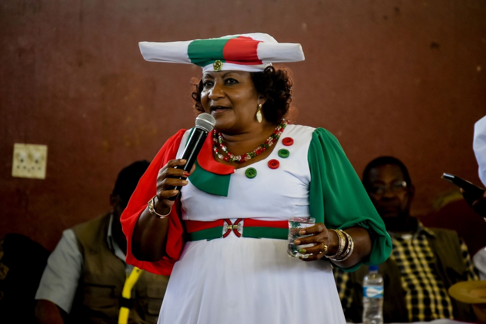 Namibian party National Unity Democratic Organisation (NUDO) presidential candidate Esther Utjiua Muinjangue (C) addresses her supporters during a presidential campaign rally at the UN plaza on November 23, 2019 in Windhoek, Namibia. AFP / HILDEGARD TITUS