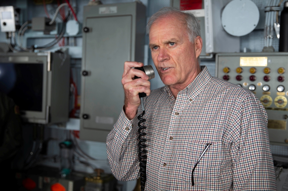 Secretary of the Navy Richard V. Spencer addresses the crew of the U.S. Navy aircraft carrier USS Gerald R. Ford during a visit to the ship at sea in the Atlantic Ocean October 27, 2019. U.S. Navy/Mass Communication Specialist Seaman Apprentice Angel Thuy