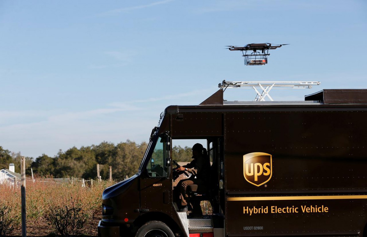 A drone demonstrates delivery capabilities from the top of a UPS truck during testing in Lithia, Florida, U.S. February 20, 2017. Reuters/Scott Audette