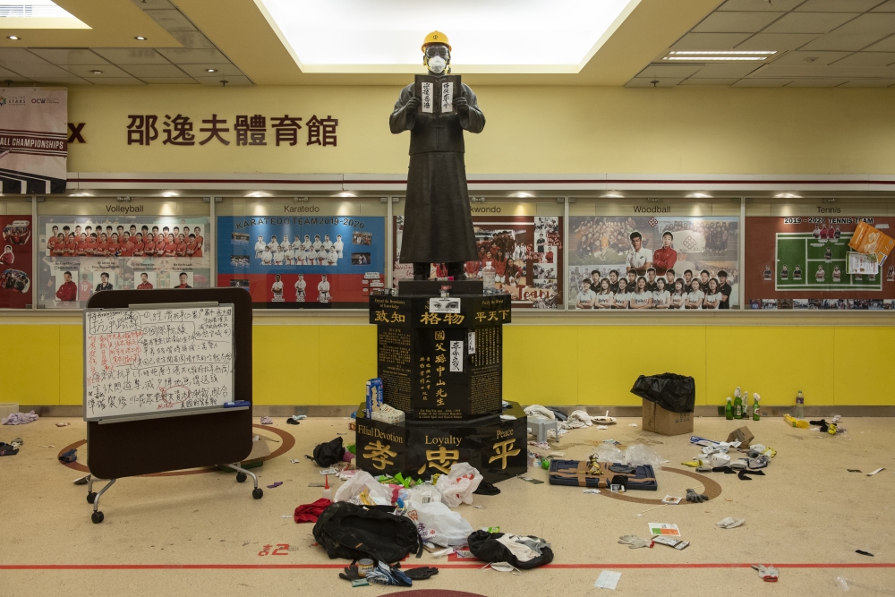 Damaged and vandalized facilities inside the polytechnic university campus as police and firefighters entered the polytechnic university after 10 days since the siege by anti-government protesters began at the Hung Hom campus to remove hazardous items suc