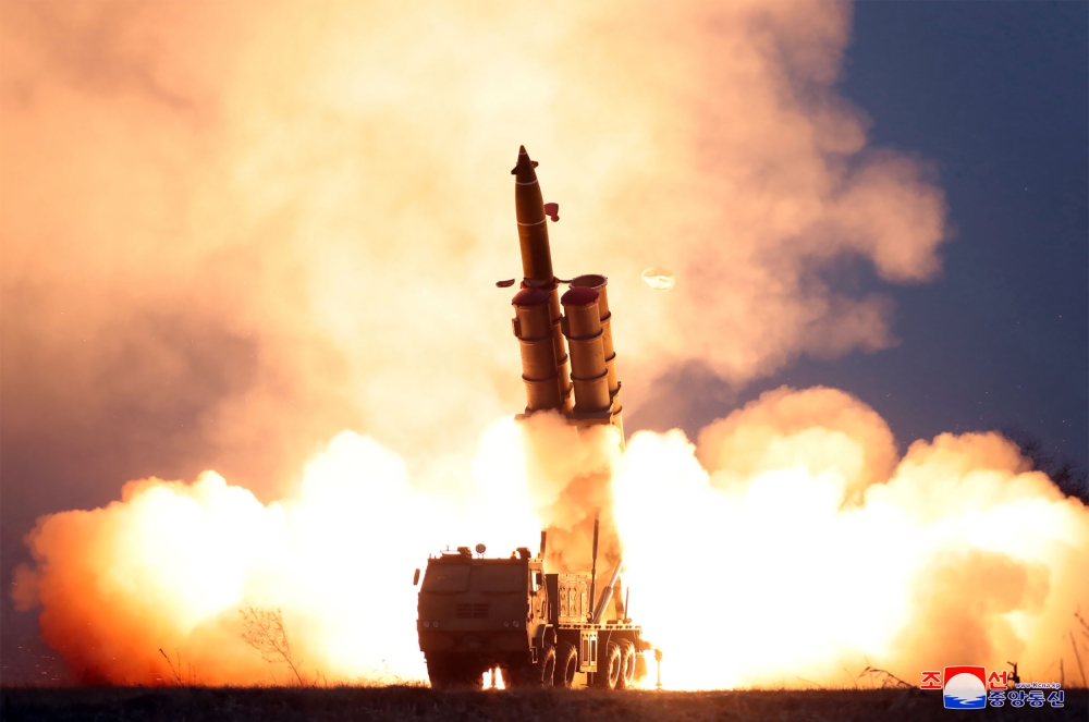 This undated and unlocated picture released from North Korea's official Korean Central News Agency (KCNA) on November 29, 2019 shows the test-fire of a super-large multiple launch rocket system. AFP PHOTO/KCNA VIA KNS 
