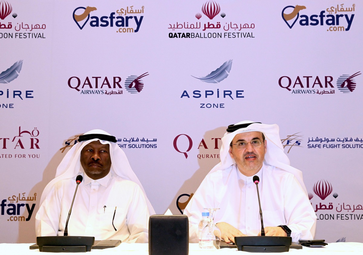 Safe Flight Solutions CEO Captain Hassan Al Mouswi (right) and Aspire Zone Foundation’s Director of venues and event Abdulla Aman Al Khater address the media at the Torch Hotel. Pic: Qassim Rahmatullah / The Peninsula