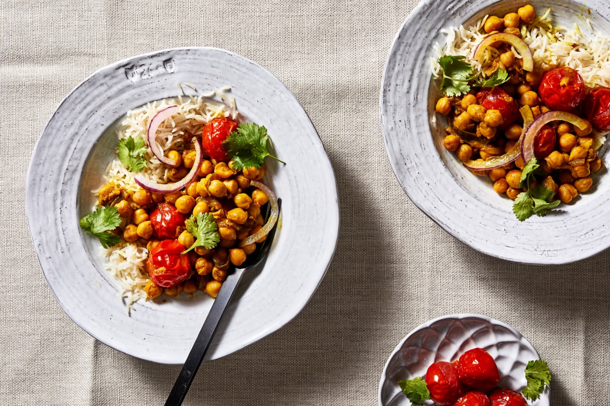 Ginger Turmeric Chickpeas With Roasted Cherry Tomatoes. Photo by Stacy Zarin Goldberg for The Washington Post.