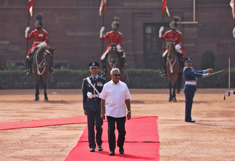 Sri Lanka's President Gotabaya Rajapaksa inspects an honour guard during his ceremonial reception at the forecourt of India's Rashtrapati Bhavan Presidential Palace in New Delhi, India, November 29, 2019. Reuters/Altaf Hussain