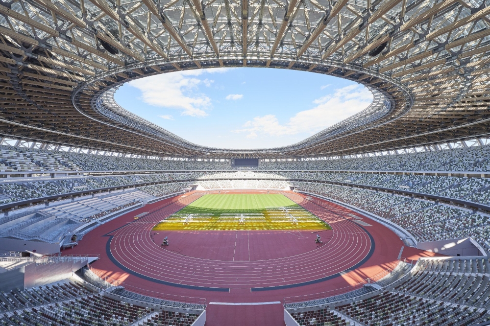 This picture taken on November 13, 2019 shows the new 1.4 billion USD main venue for the 2020 Tokyo Olympic Games in Tokyo. Construction of the main Tokyo Olympic venue has officially completed, constructors said on November 30, and is set to fight excess