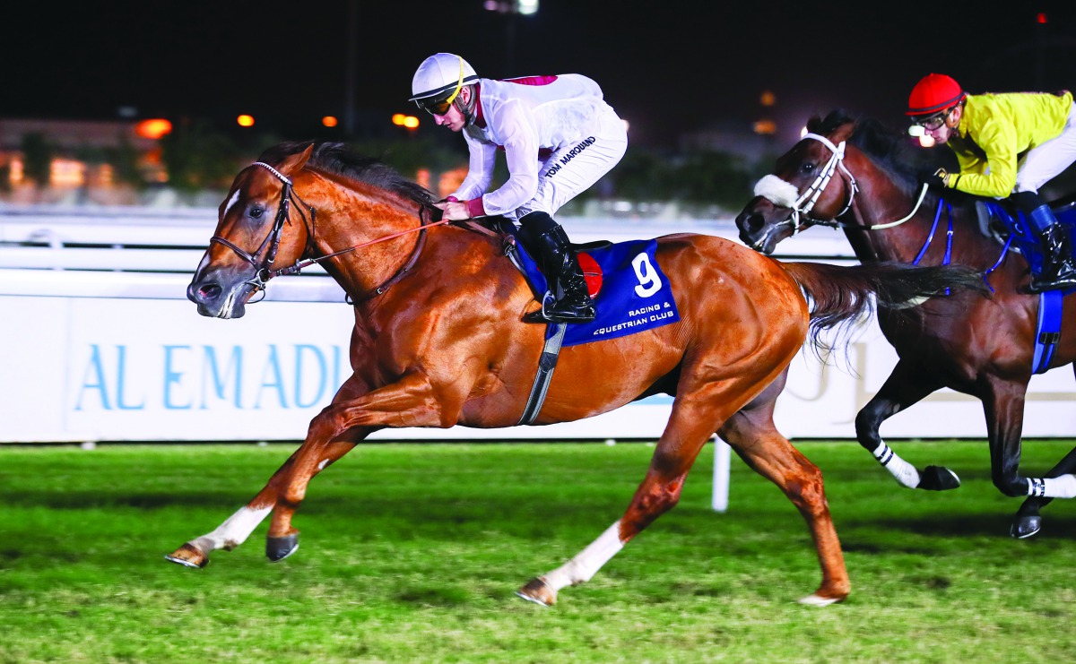 Jockey Tom Marquand (left) guiding Noor Al Hawa towards the victory.