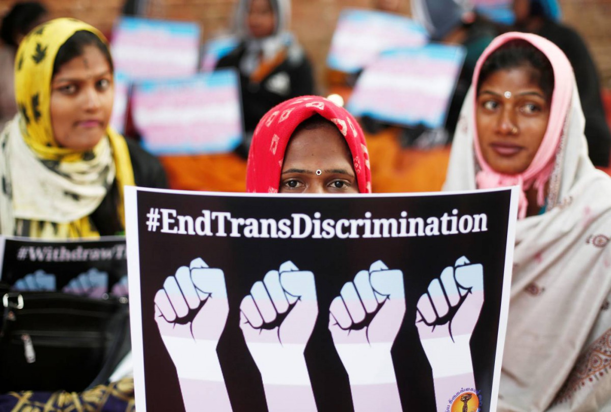 Members of the transgender community hold placards during a protest against the passing of the Transgender Persons (Protection of Rights) Bill, 2018, in New Delhi, India, December 28, 2018. Reuters/Adnan Abidi